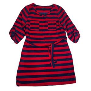 Womens Gap Striped Dress With Belt, Button Sleeves, Front Pockets - Medium